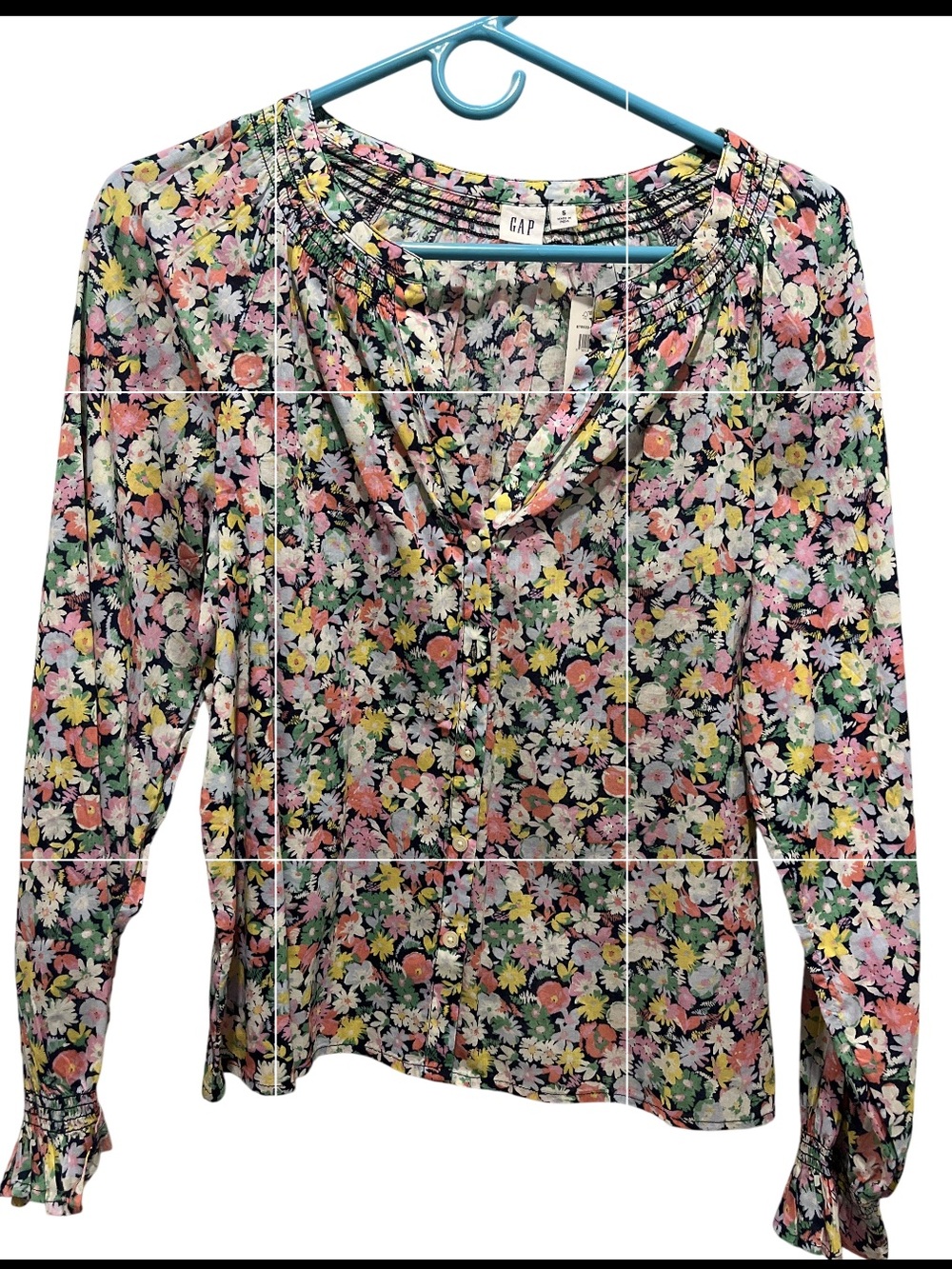 GAP Floral Button-Front Long Sleeve Blouse in Pink, Green & Yellow